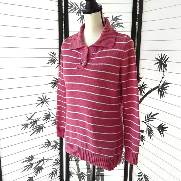 Liz Claiborne Pink White Striped Ribbed Knit Collared Sweater Size M - Picture 6 of 10